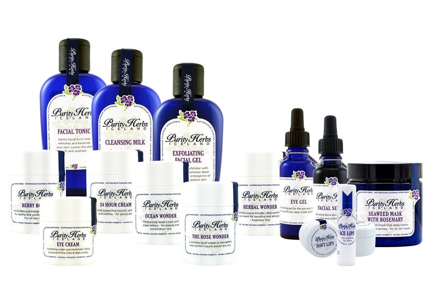 A wide range of Purity Herbs Iceland natural skincare products, including cleansers, creams, gels, and masks.