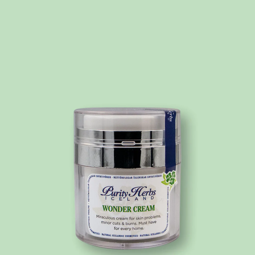 A jar of Purity Herbs Iceland Wonder Cream, a natural Icelandic cosmetic for various skin problems.