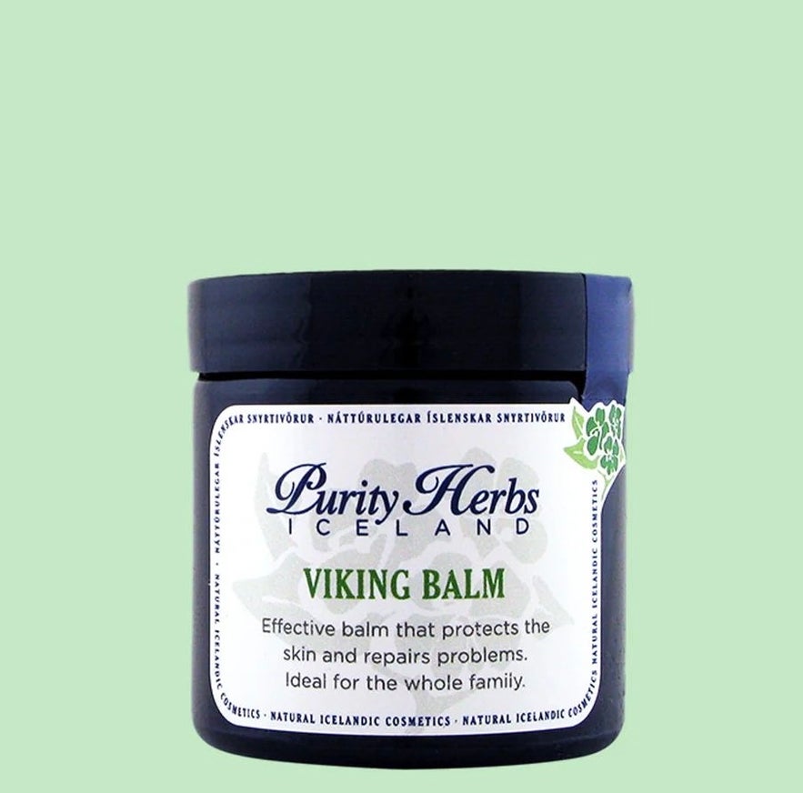 Purity Herbs Iceland Viking Balm, available in a dark jar, is an effective balm for skin protection and repair.