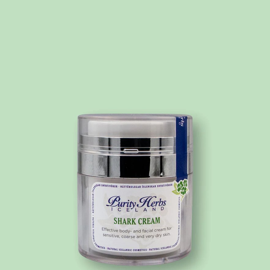 A jar of Purity Herbs Iceland Shark Cream, an effective body and facial cream for sensitive and dry skin.