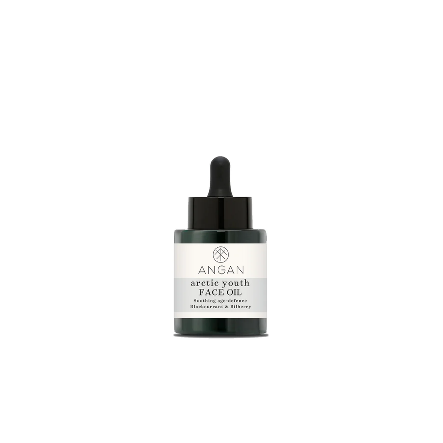 The Angan Arctic Youth Face Oil is presented in a dark green dropper bottle with a white label, set against a clean white background.