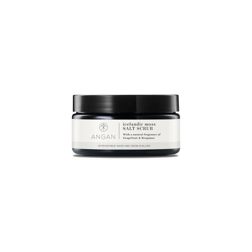 Angan’s Icelandic Moss Salt Scrub is packaged in a black jar with a clean white label, emphasizing its naturally invigorating scent.