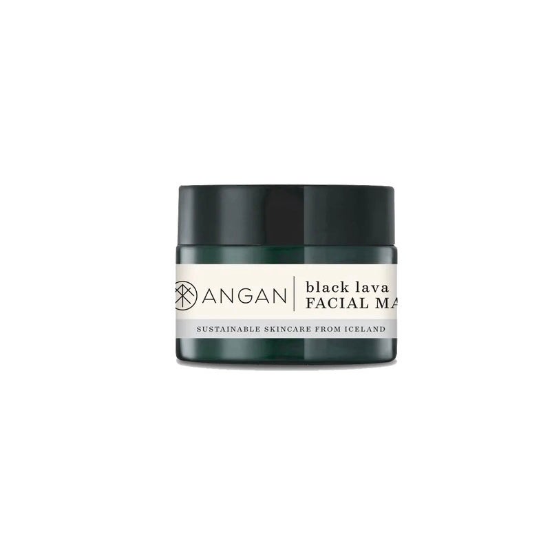 The Angan Black Lava Facial Mask is contained in a dark jar with a white label, emphasizing 