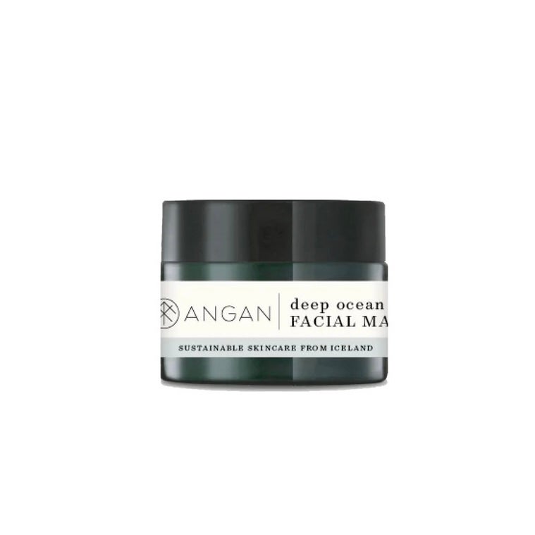 Angan Deep Ocean Facial Mask is in a dark jar with a white label.