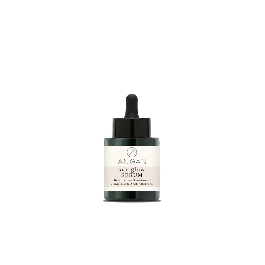Angan Sun Glow Serum, a brightening treatment with Vitamin C and Arctic Berries, in a dropper bottle.