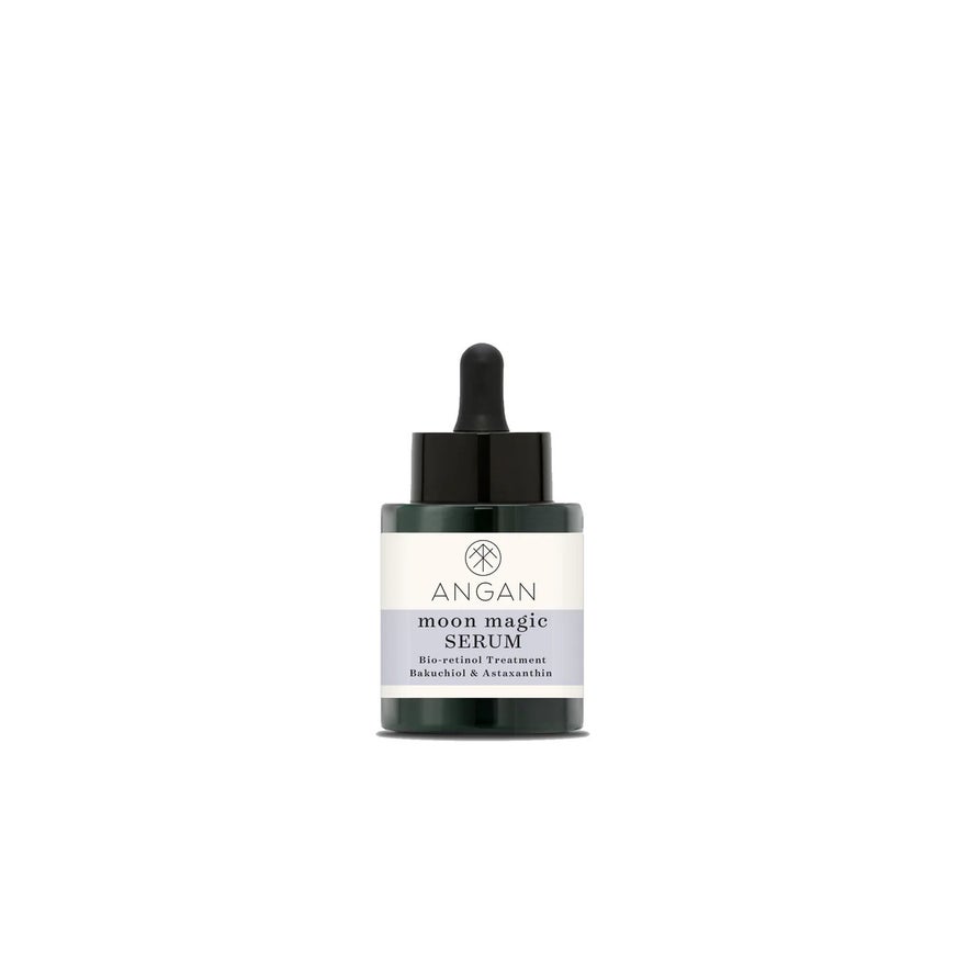 Angan Moon Magic Serum, a bio-retinol treatment with Bakuchiol & Astaxanthin, is contained in a dropper bottle.