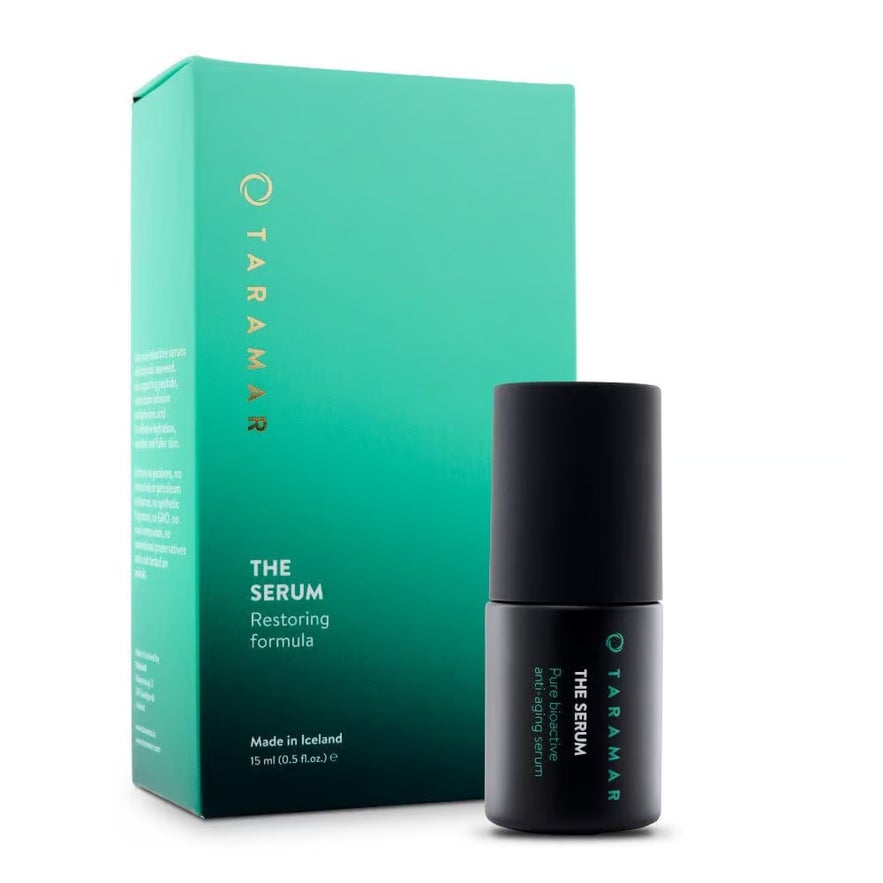 Taramar The Serum, a restoring formula in a teal box, is a pure bioactive anti-aging serum made in Iceland.