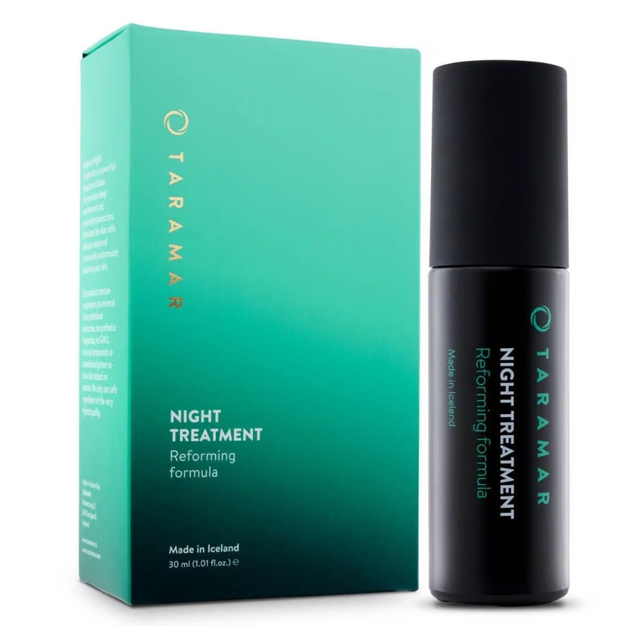 The Taramar Night Treatment reforming formula is shown alongside its teal box, highlighting this skincare product made in Iceland.