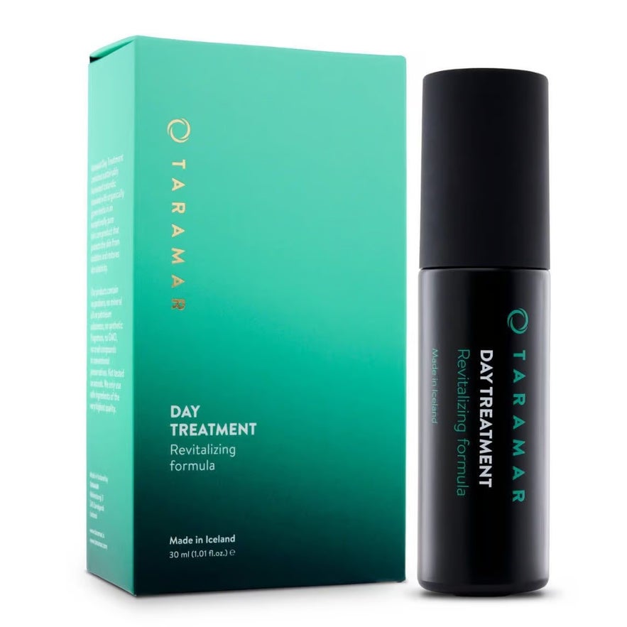 Taramar Day Treatment, a revitalising formula in a teal box, is a skincare product made in Iceland. 