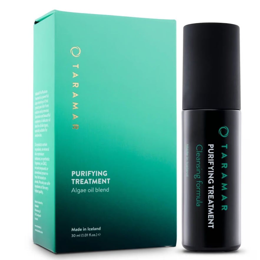 The Taramar Purifying Treatment, an algae oil blend product from Iceland, is shown next to its teal box.