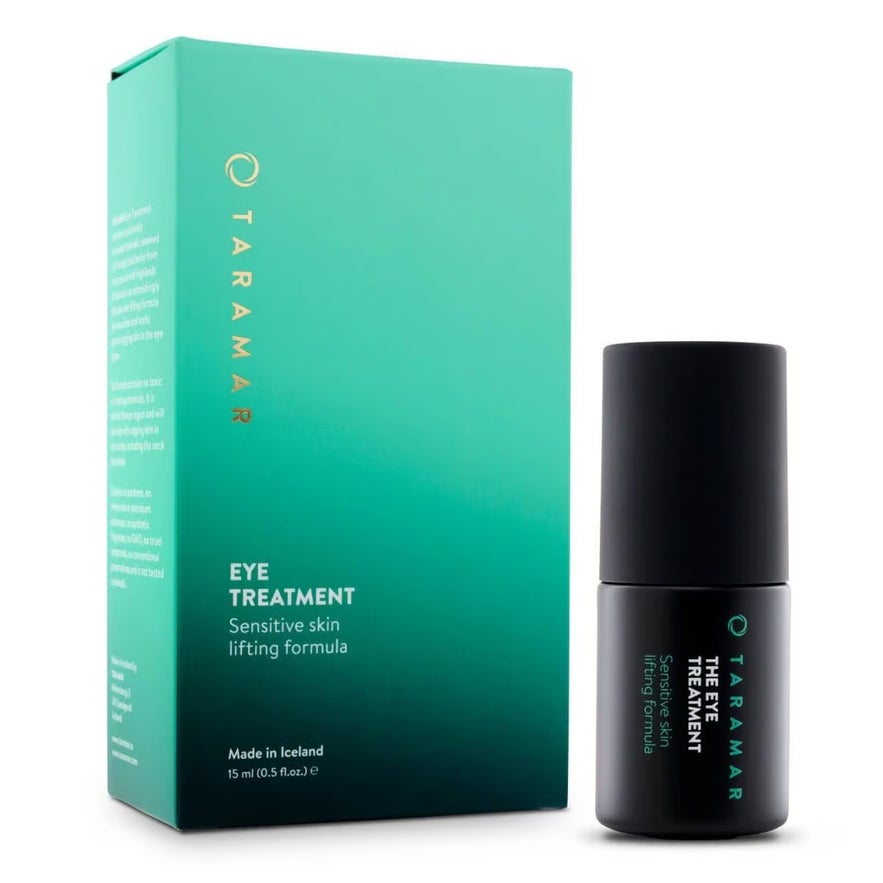 Taramar Eye Treatment's sensitive skin lifting formula, packaged in a teal box, is a skincare product made in Iceland.
