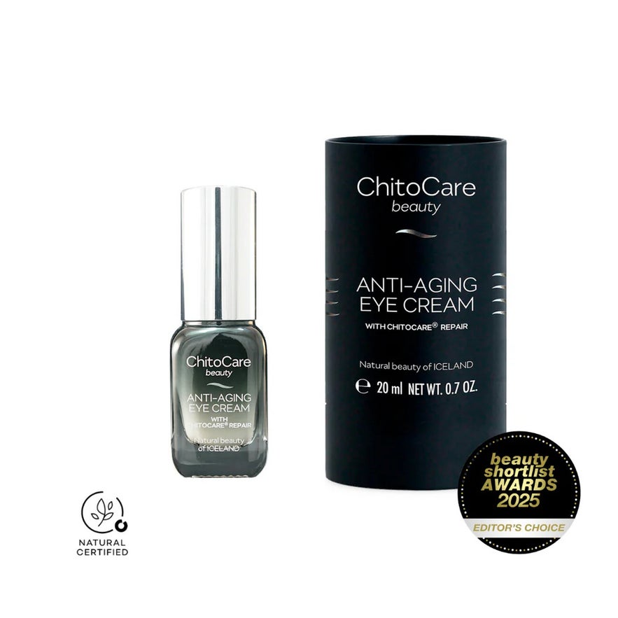 ChitoCare Beauty Anti-Aging Eye Cream bottle and box proudly display "Natural Certified" and "Editor's Choice" awards.