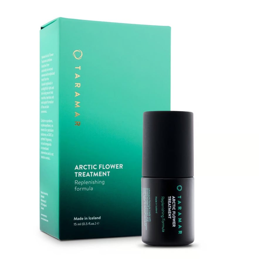 Taramar Arctic Flower Treatment, a replenishing formula in a teal box, is a skincare product made in Iceland.
