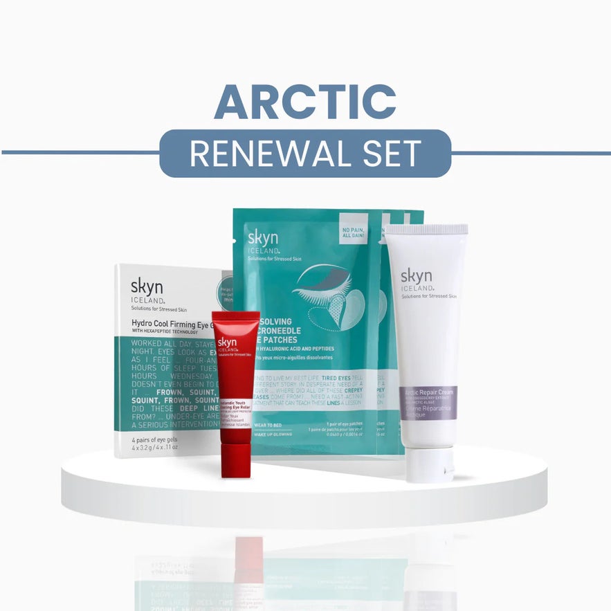 The Skyn Iceland Arctic Renewal Set features eye patches, cream, and other targeted solutions designed to relieve stressed skin.