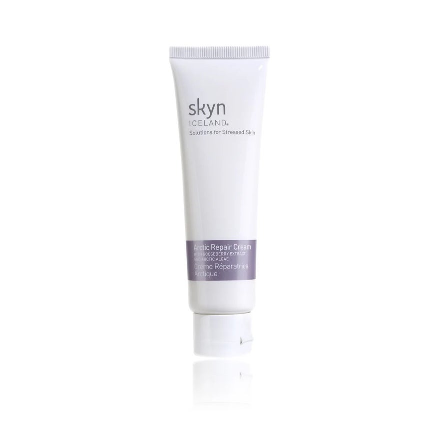 The Skyn Iceland Arctic Repair Cream comes in a tube and is formulated for stressed skin, featuring Gooseberry Extract and Arctic Algae.