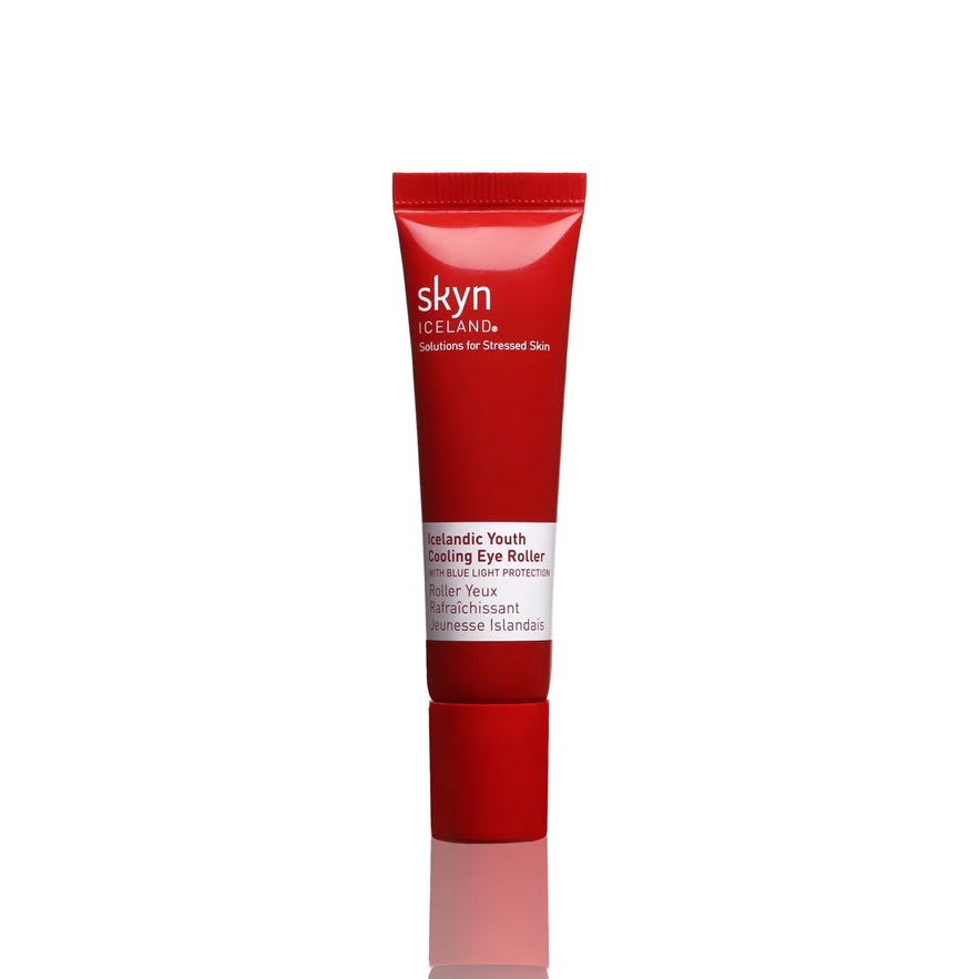 Skyn Iceland Icelandic Youth Cooling Eye Roller in a red tube, offering blue light protection.
