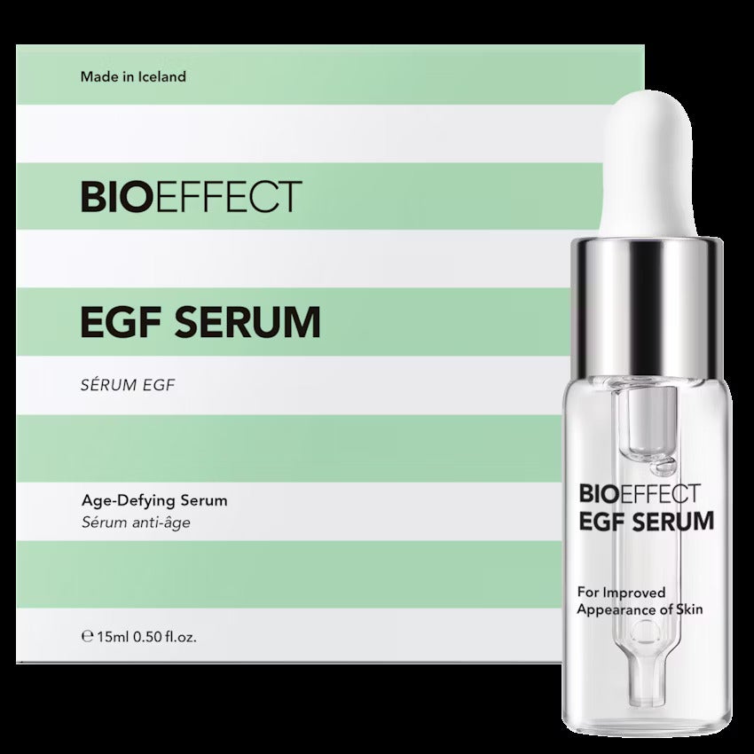 BIOEFFECT EGF Serum, an Icelandic age-defying serum for improved skin appearance, is pictured with its box.