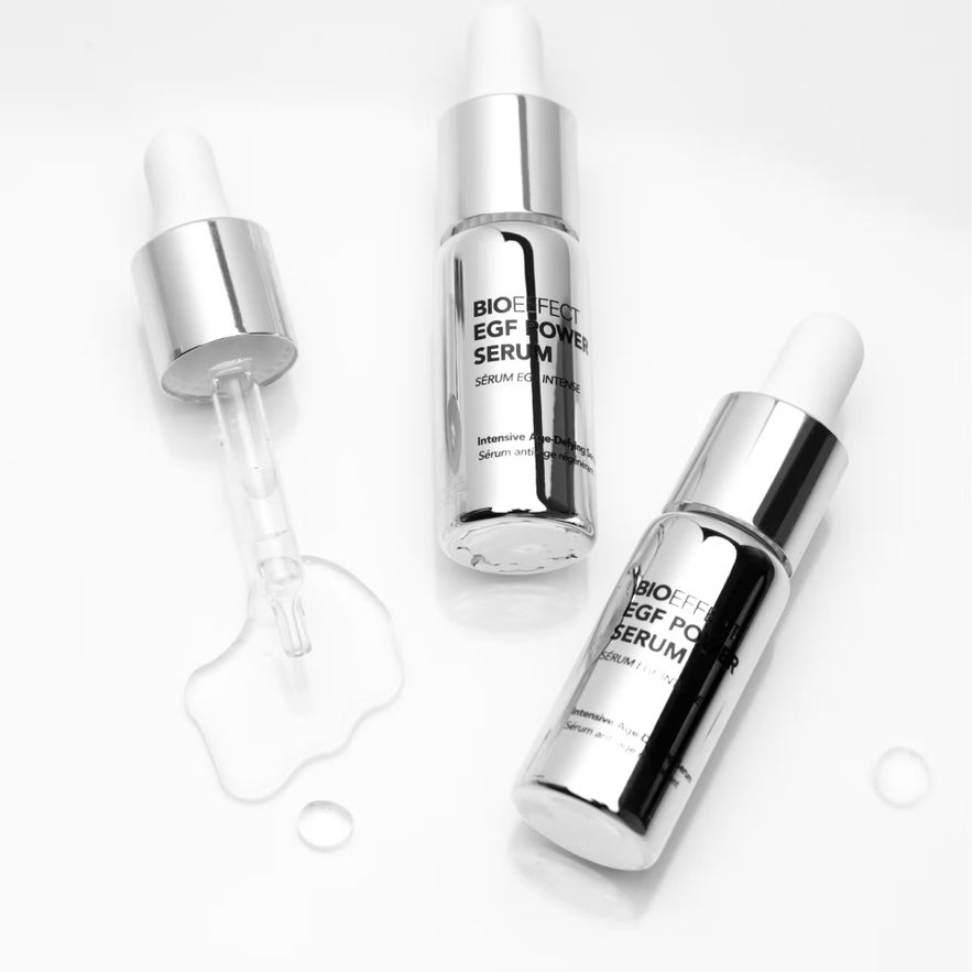 The BIOEFFECT EGF Power Serum bottles with droppers are displayed against a white background, showcasing the intensive age-defying serum.