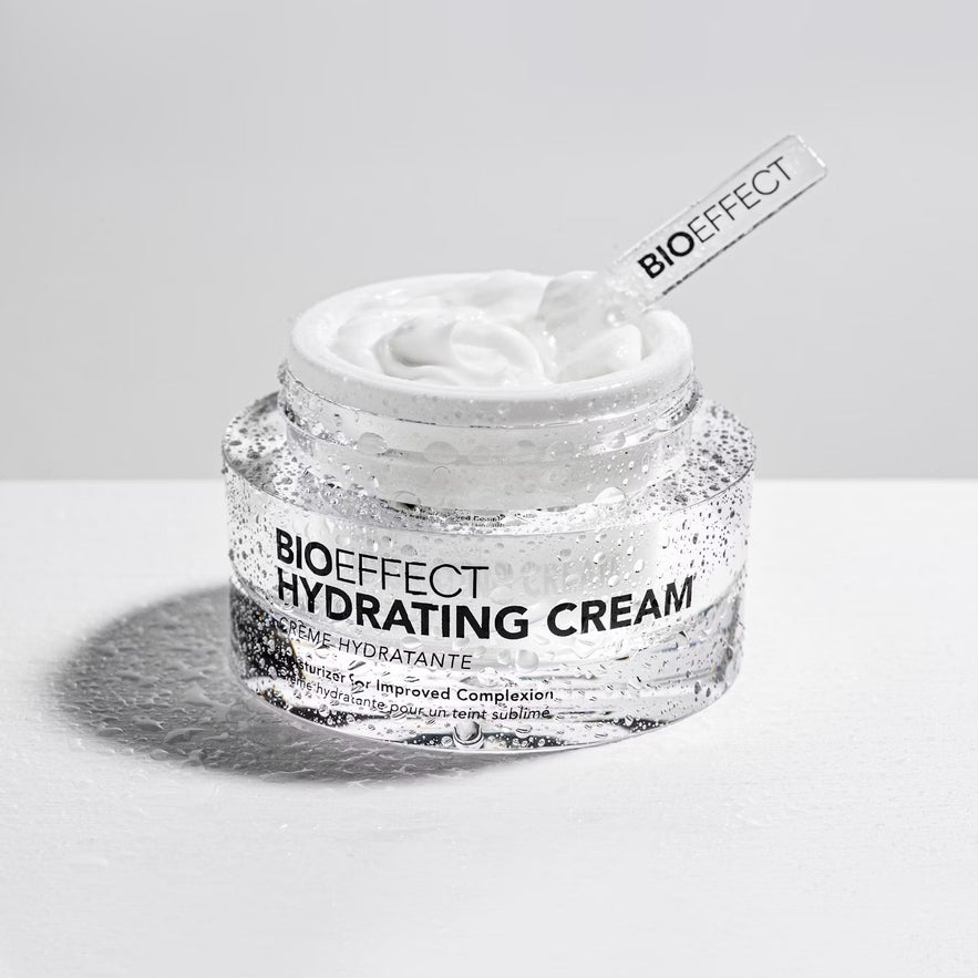 The BIOEFFECT Hydrating Cream jar is a moisturizer made in Iceland that helps improve the complexion.