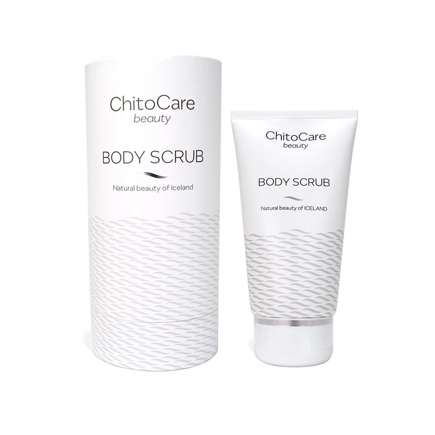 ChitoCare Beauty Body Scrub in a tube and its matching cylindrical box, both featuring a white base with grey accents.