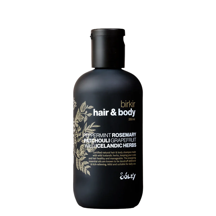 Sóley Organics Birkir Hair and Body Cleanser is formulated with Icelandic herbs, including peppermint, rosemary, patchouli, and grapefruit.