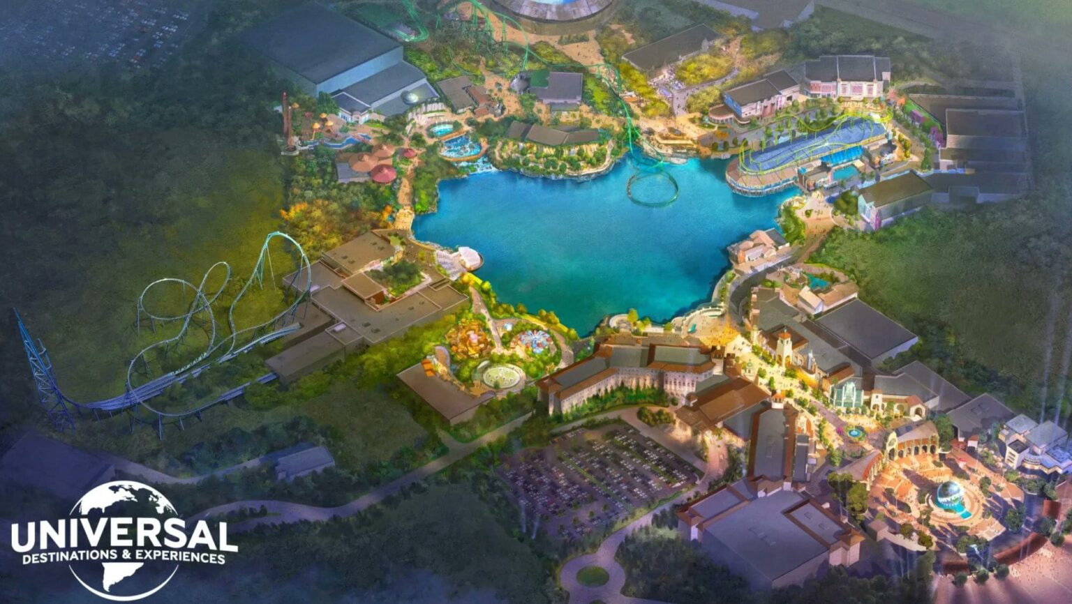 Aerial illustration of a theme park with a central lake, surrounded by roller coasters, colorful attractions, and buildings. The Universal Studios logo graces the bottom left corner, capturing the enchanting spirit of Great Britain in vibrant concept art.