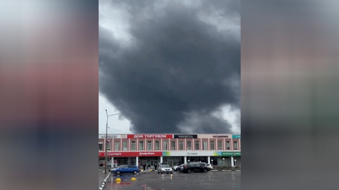 Smoke rises after a Ukrainian drone attack in Russia's northern Murmansk region, on Sunday.