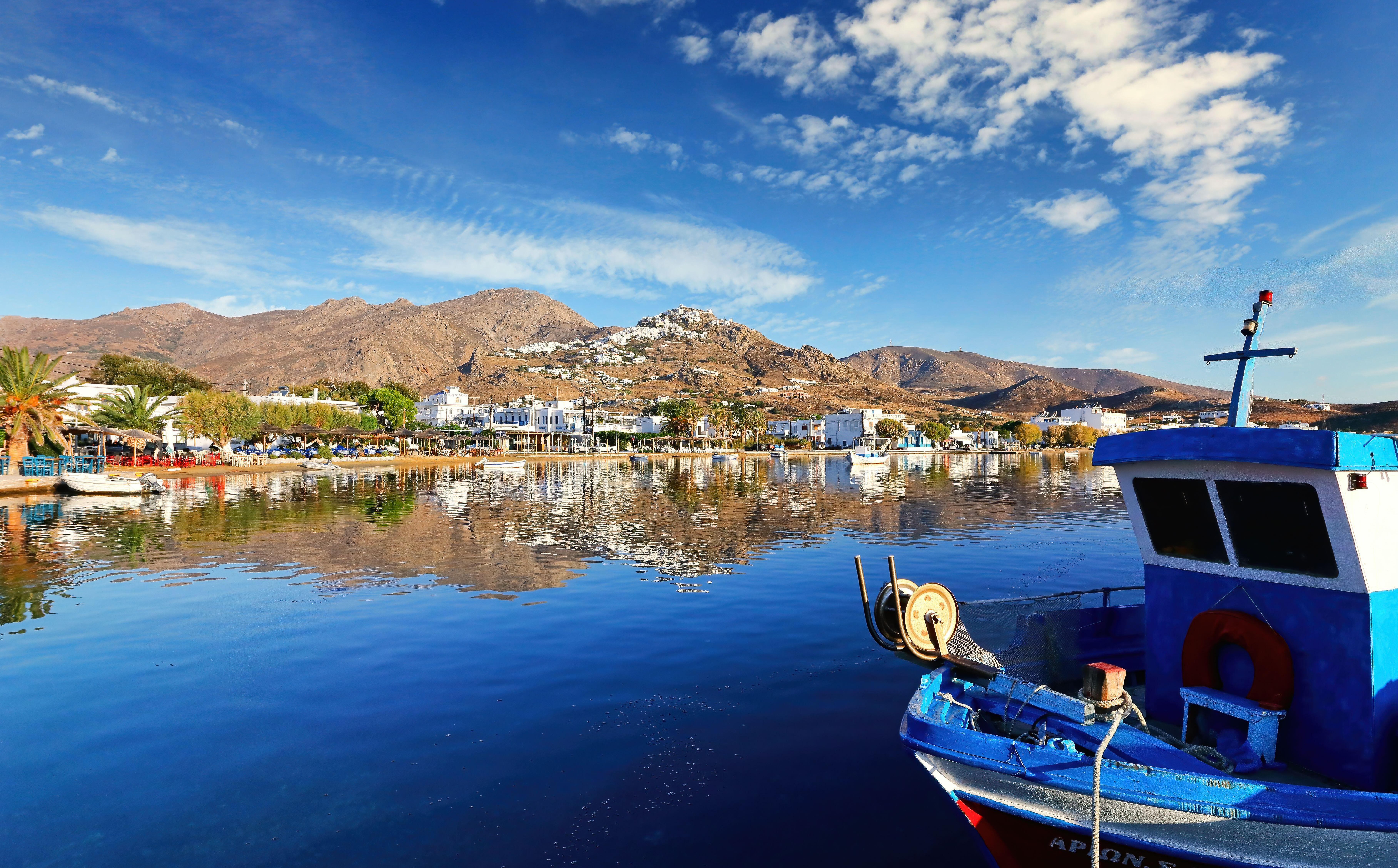 Boats in the harbor of Livadi, Serifos Island, Greece.