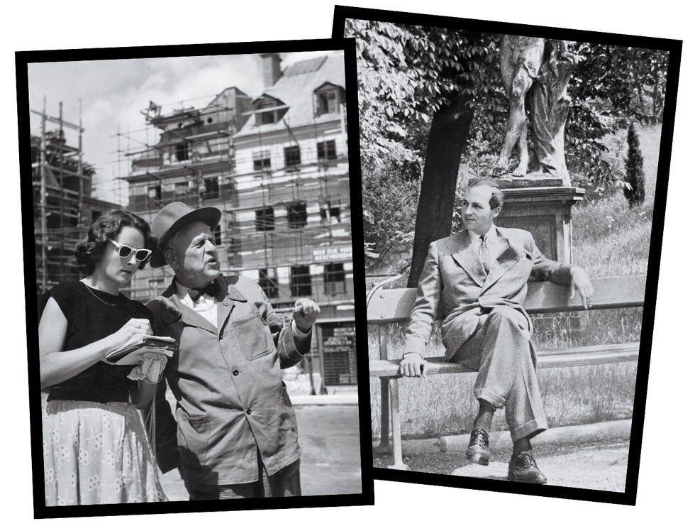 Two separate black and white photographs featuring two individuals each, set against different backdrops.