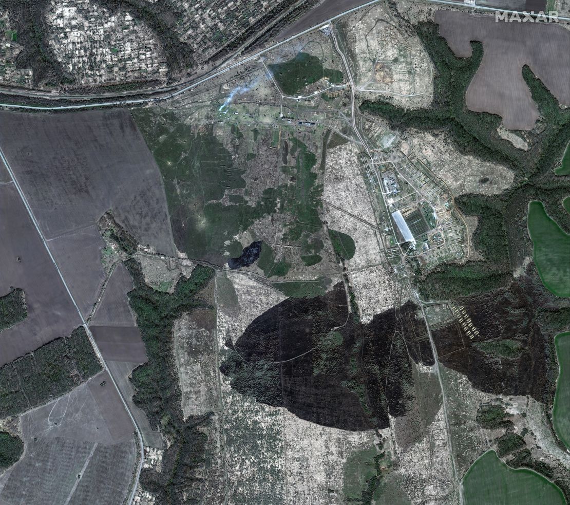 The site of what analysts say is an expanded Russian and North Korean military camp in Postoyalye Dvory, in Russia's Kursk region, can be seen in a satellite image taken on 15 April, 2025.