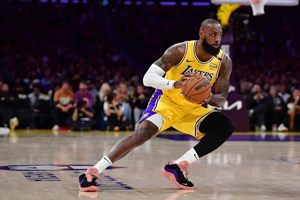 Los Angeles Lakers forward LeBron James (23) controls the ball against the Minnesota Timberwolves during the first half in game five of first round for the 2025 NBA Playoffs at Crypto.com Arena.Gary A&period; Vasquez-Imagn Images