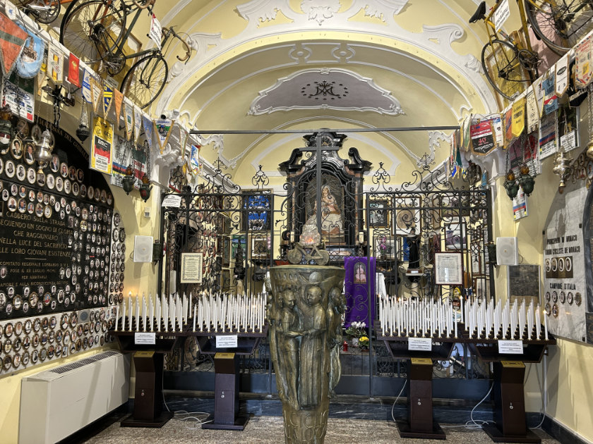 The church's interior with cycling memorabilia.