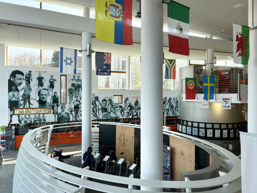Bicycle museum interior with exhibits.