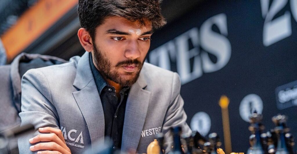 Indian GM D Gukesh during his round 9 match against compatriot GM R Praggnanandhaa at the FIDE Candidates 2024 chess tournament, in Toronto, Canada, Sunday, April 14, 2024. Photo: PTI via FIDE/Maria Emelianova.
