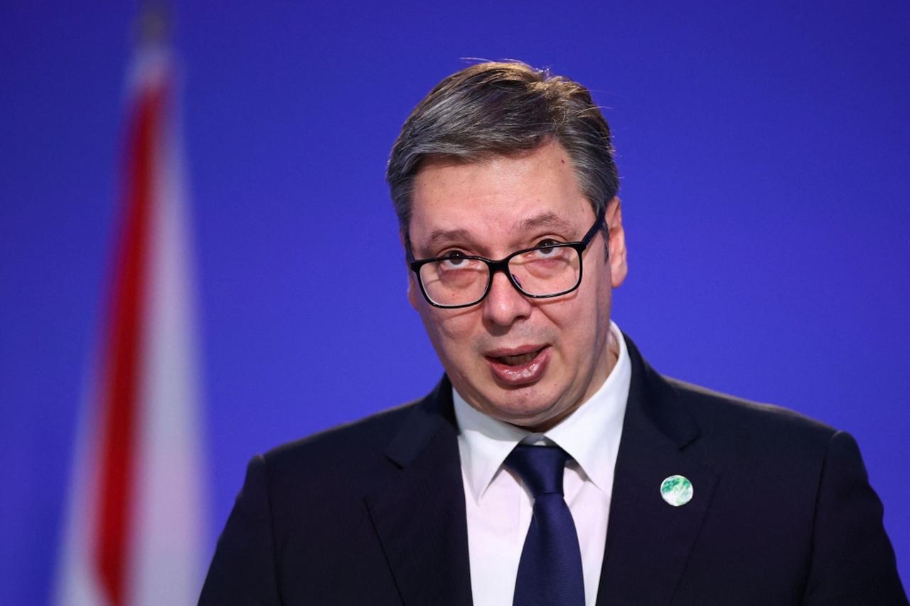 Serbian President Aleksandar Vucic makes a national statement on the second day of the COP26 UN Climate Summit in Glasgow on November 2, 2021. (AFP Photo)