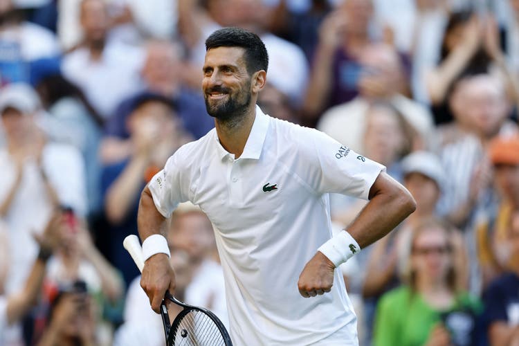 Novak Djokovic celebrating one of his victories at Wimbledon with the pumping gesture that has become a symbol of the student protests.