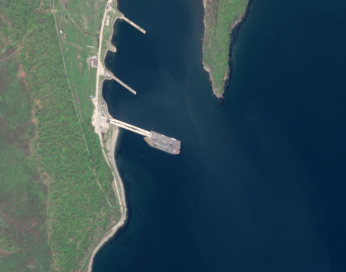 A satellite image taken on May 18, 2025 shows a ship docked at the Dunai port in Russia.
