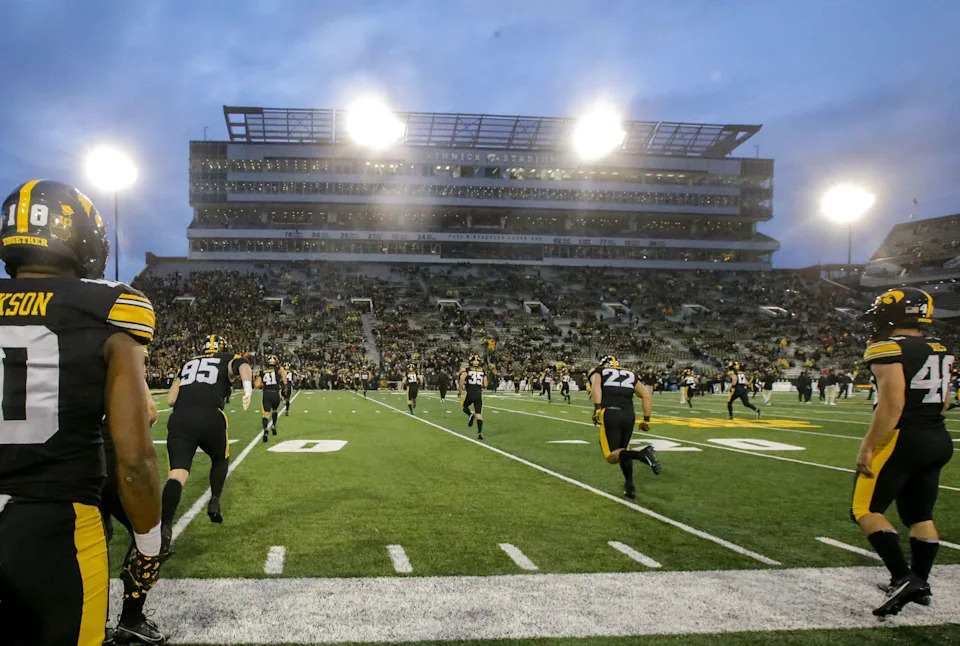 Iowa warms up before playing Wisconsin Saturday, Nov. 2, 2024 at Kinnick Stadium in Iowa City, Iowa.