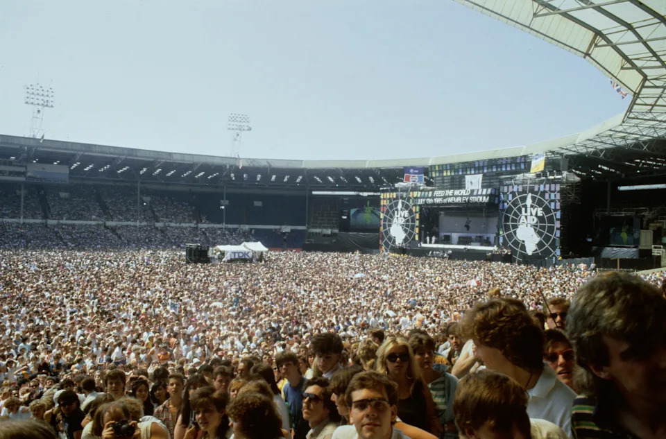 General view of the crowd and stage during the Live Aid concert at Wembley Stadium in London, July 13th 1985.