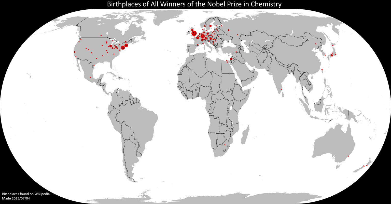 Birthplaces of All Winners of the Nobel Prize in Chemistry [OC]
