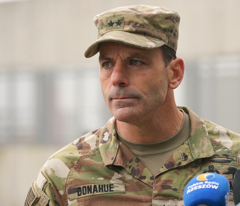 US Army General Christopher Donahue speaking to journalists in Poland.