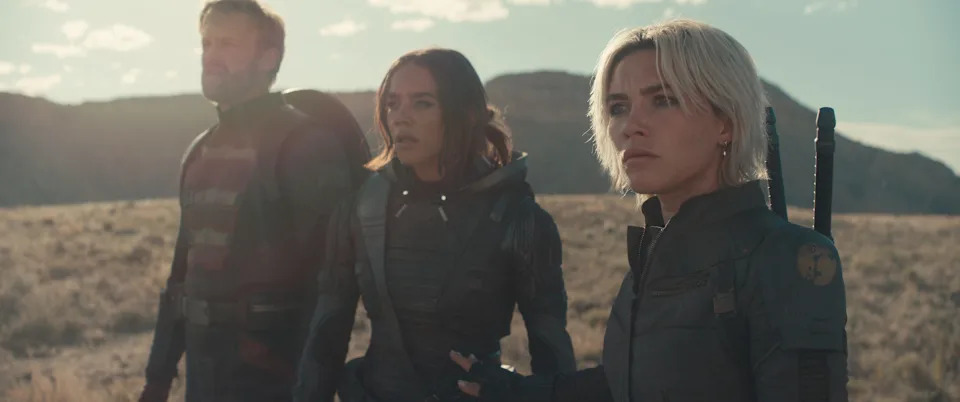 John Walker (Wyatt Russell), Ghost (Hannah John-Kamen) and Yelena Belova (Florence Pugh) are part of the title group of misfit antiheroes in Marvel's Thunderbolts*."