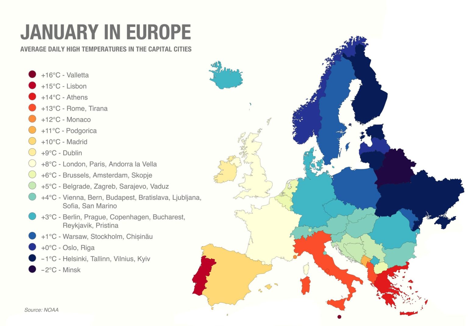 [OC] January average daily high temperatures in the capital cities of Europe