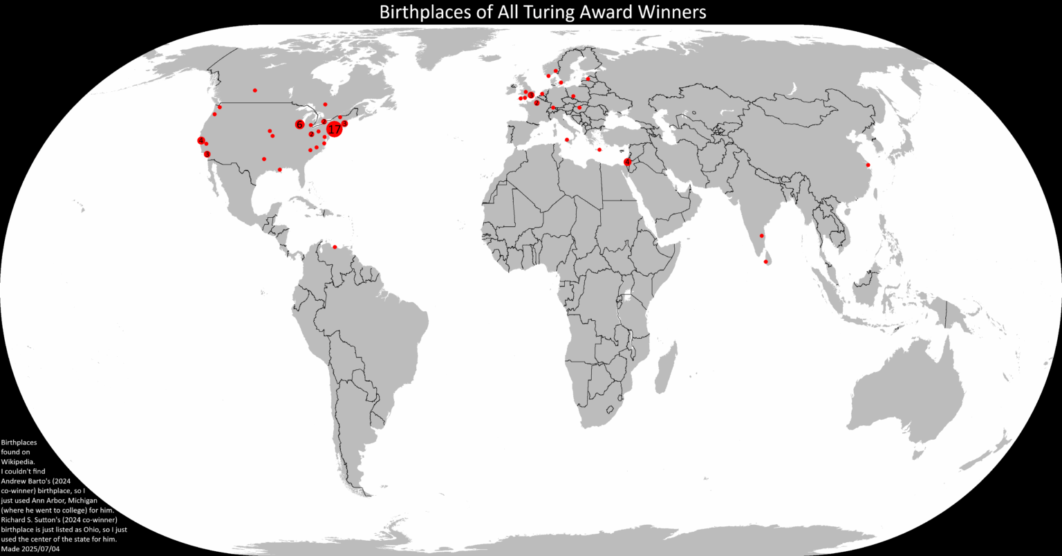 Birthplaces of All Turing Award Winners (basically the Nobel Prize of computer science) [OC]