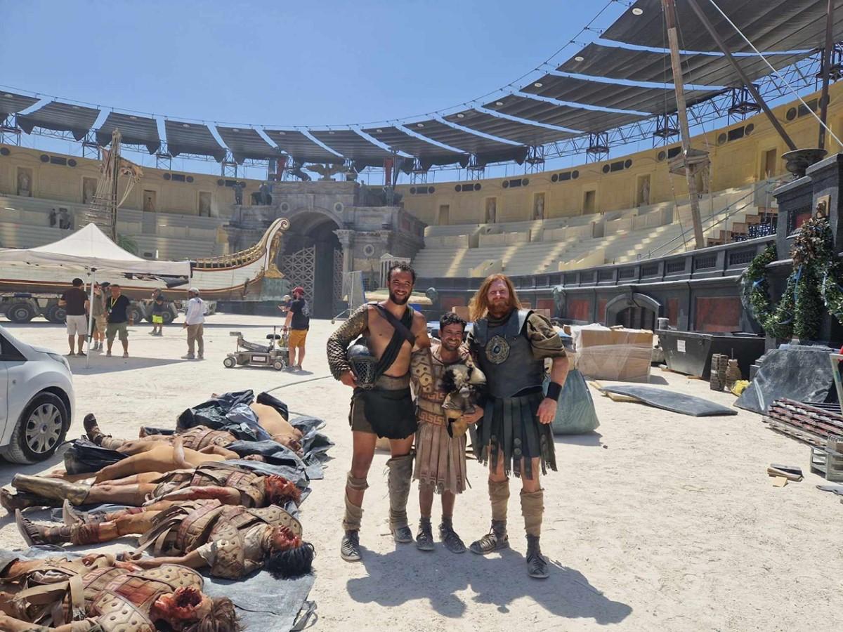 Pace (centre) during the filming of Gladiator 3 in Malta: “It was surreal being in the Coliseum set.”