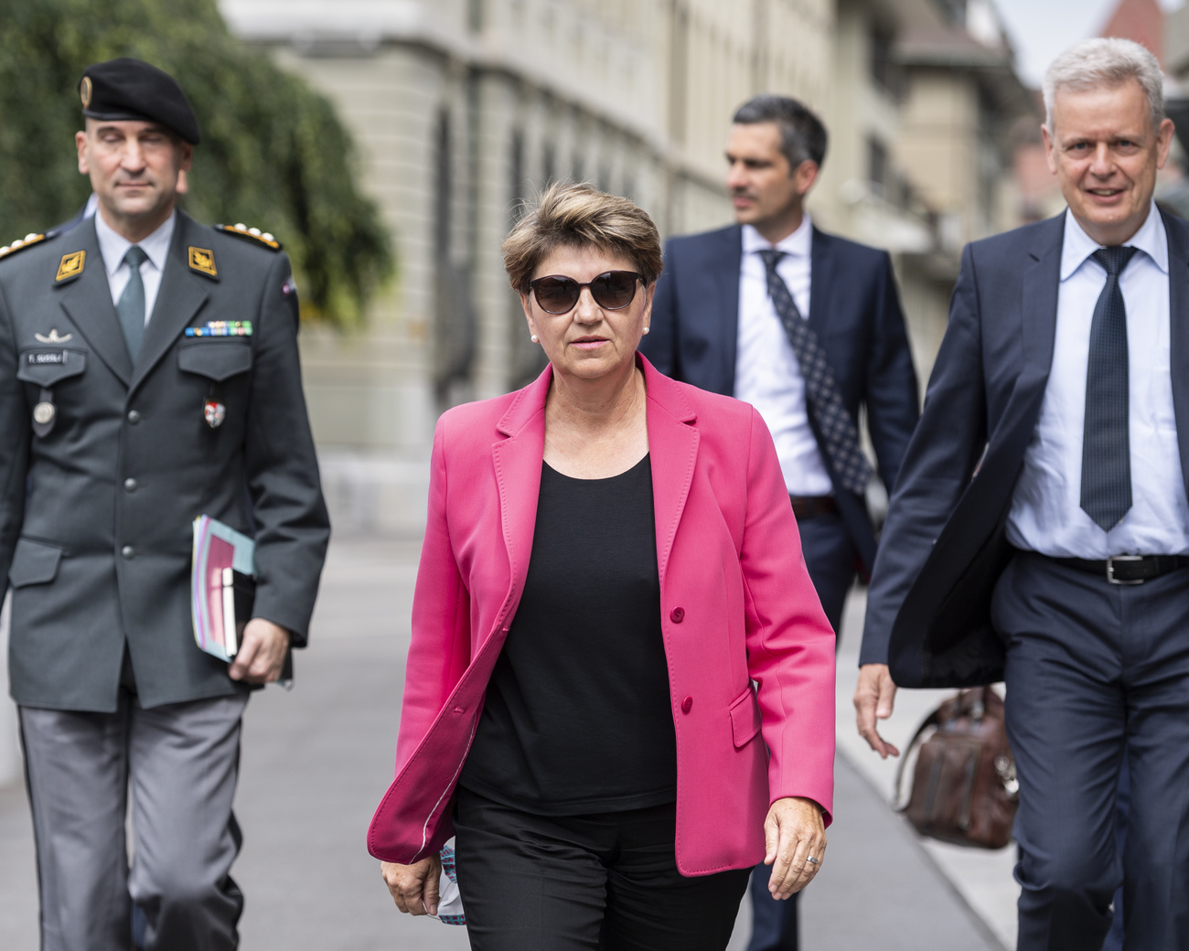 Former Swiss Defence Minister Viola Amherd on her way to a press conference in Bern about F-35 jets in June 2021.