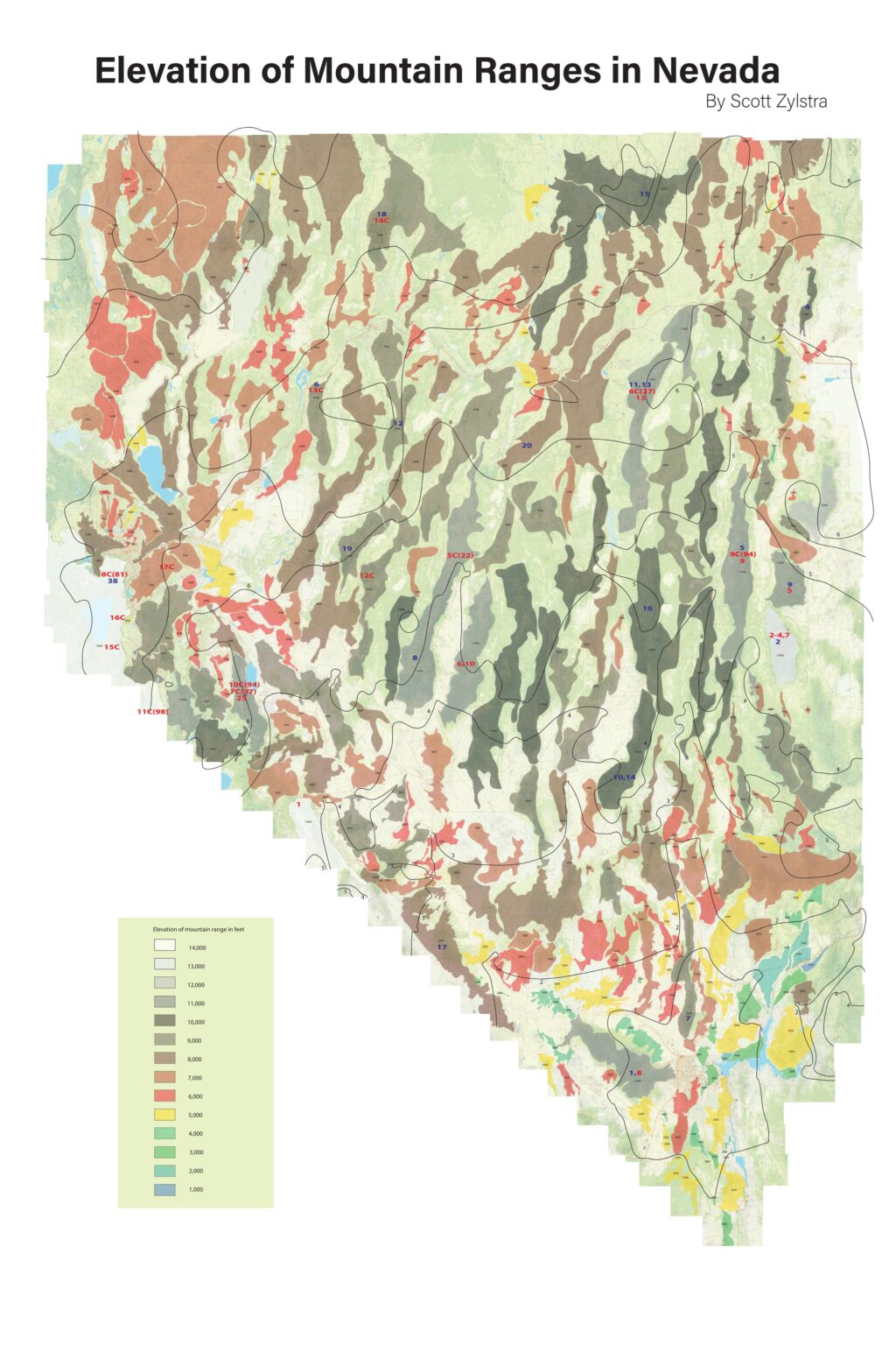 [OC] Elevation of Mountain Ranges in Nevada (+Distance from Las Vegas+Tallest and Most Prominent Peaks)