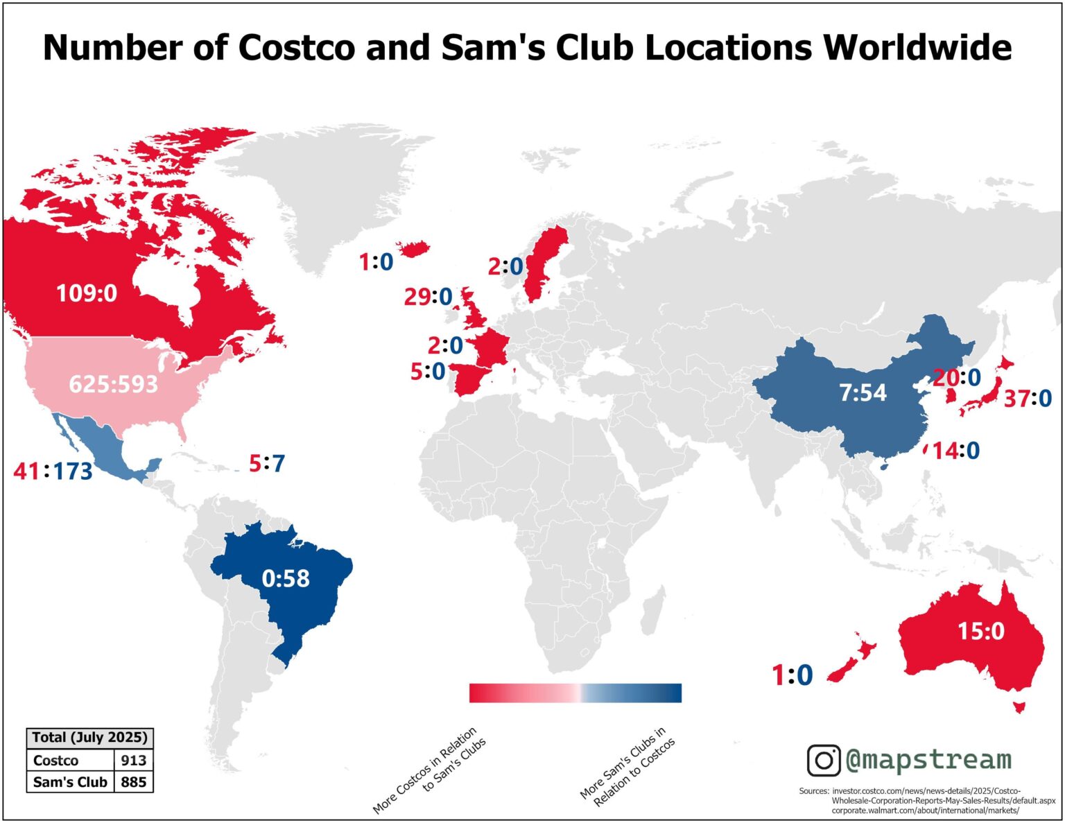 [OC] Comparing Costco and Sam’s Club Locations Worldwide