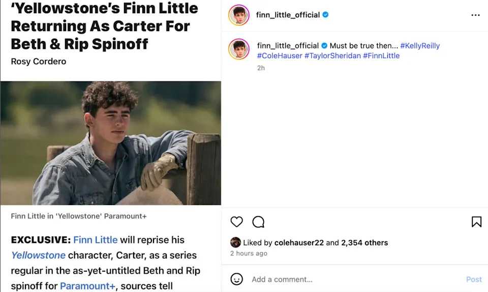 Finn Little posts on InstagramCourtesy of &commat;finn&lowbar;little&lowbar;official on Instagram