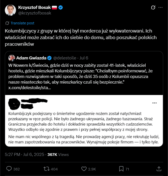 Bosak believes that a Polish employer employing Colombians is their owner.